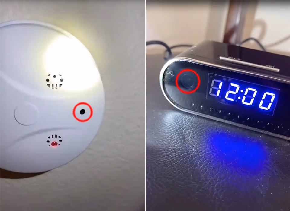 Pressão de fumaça no detectores de fumaça e relógio digital com displays de hora e alarmes.