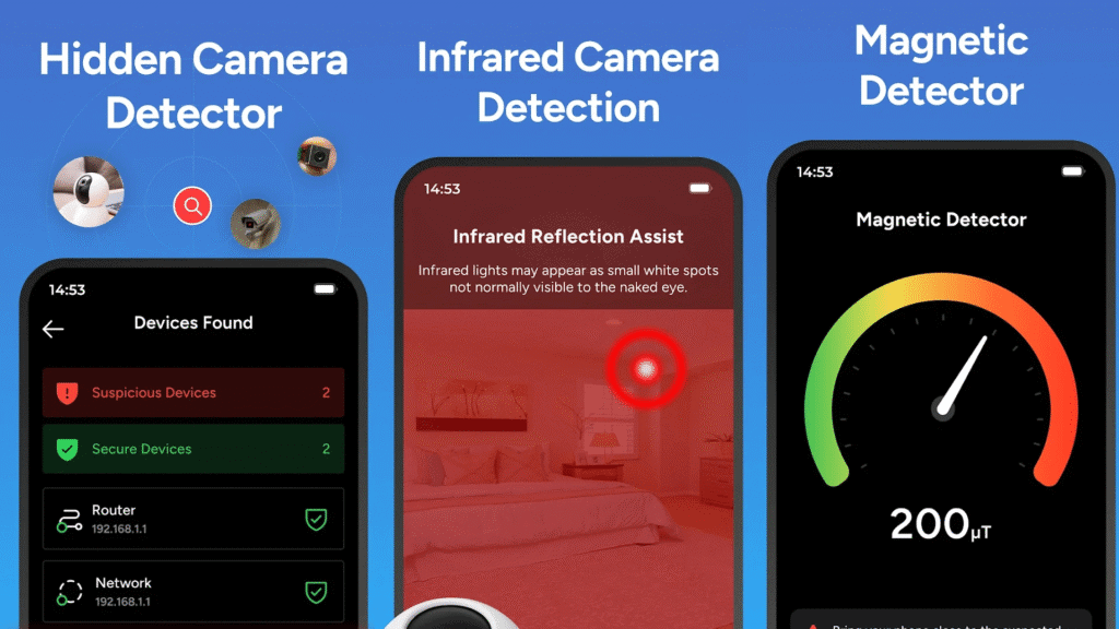 Detecção de câmeras escondidas, infravermelho e detector magnético em app de segurança showmetech.