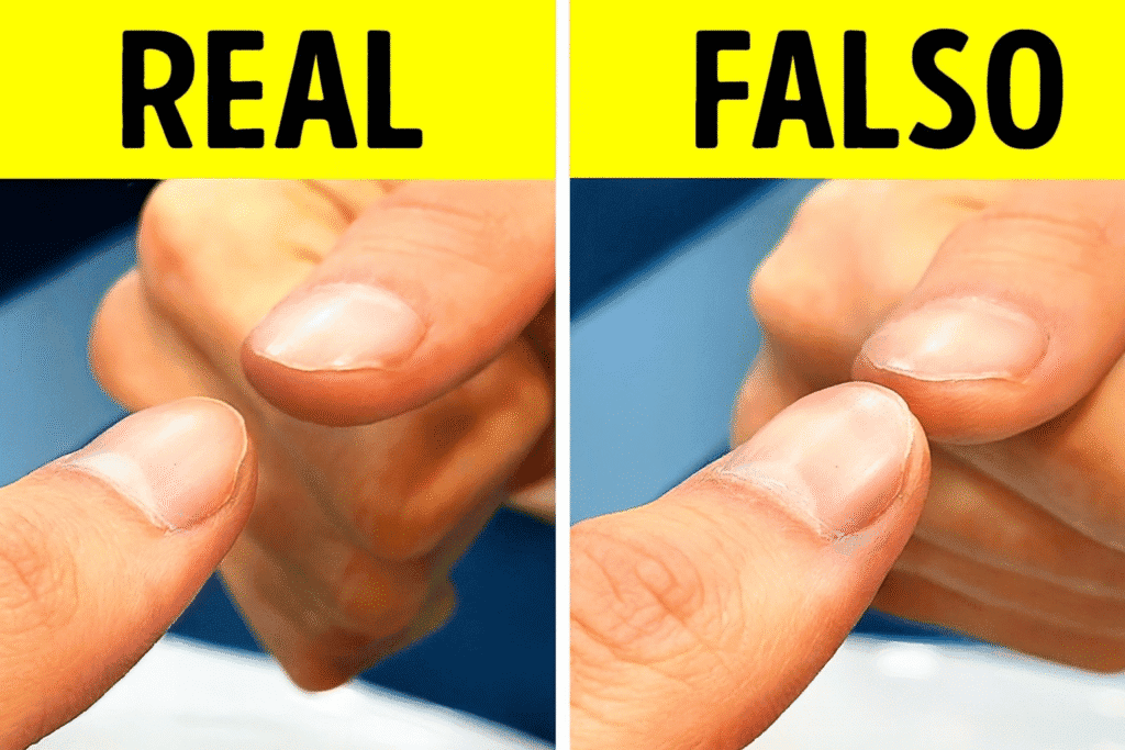 Unha aparente tocada de dedos com diferença entre real e falso, foco em detalhes de unhas.