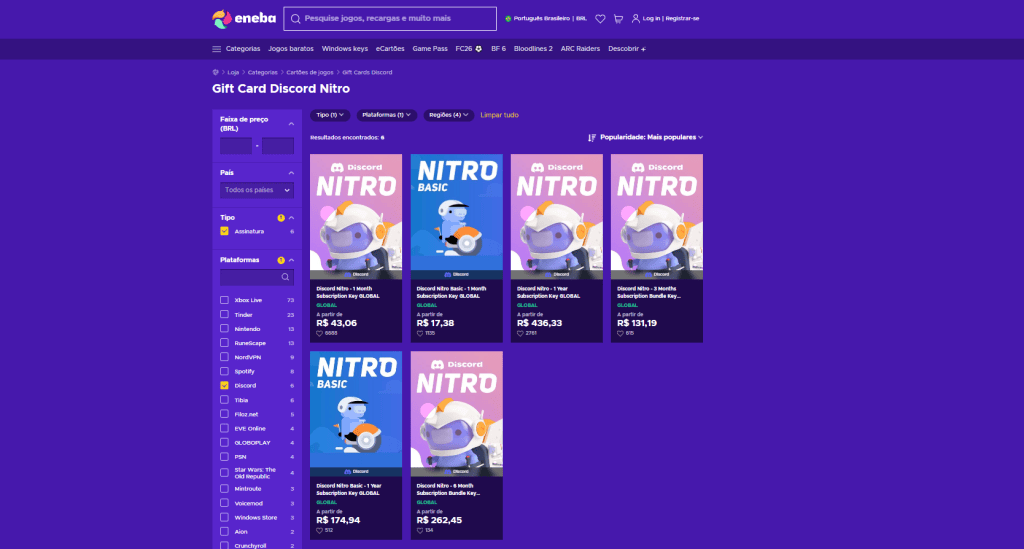 Discord: onde e como comprar assinatura nitro barata Página de gift card discord na eneba / imagem: showmetech