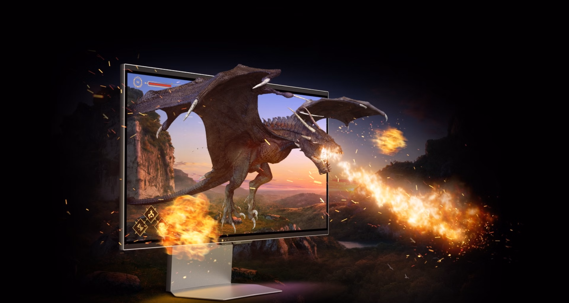 Realidade aumentada: dragão 3d em tela de monitor com efeitos de fogo e explosões para jogos e tecnologia avançada.