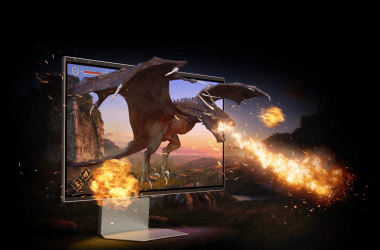 Realidade aumentada: dragão 3d em tela de monitor com efeitos de fogo e explosões para jogos e tecnologia avançada.