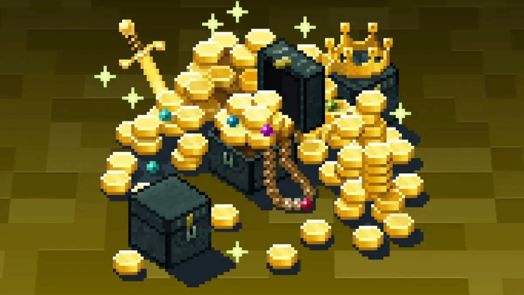 Roupas e acessórios de pixel art com moedas de ouro, cofres e coroas virtuais.