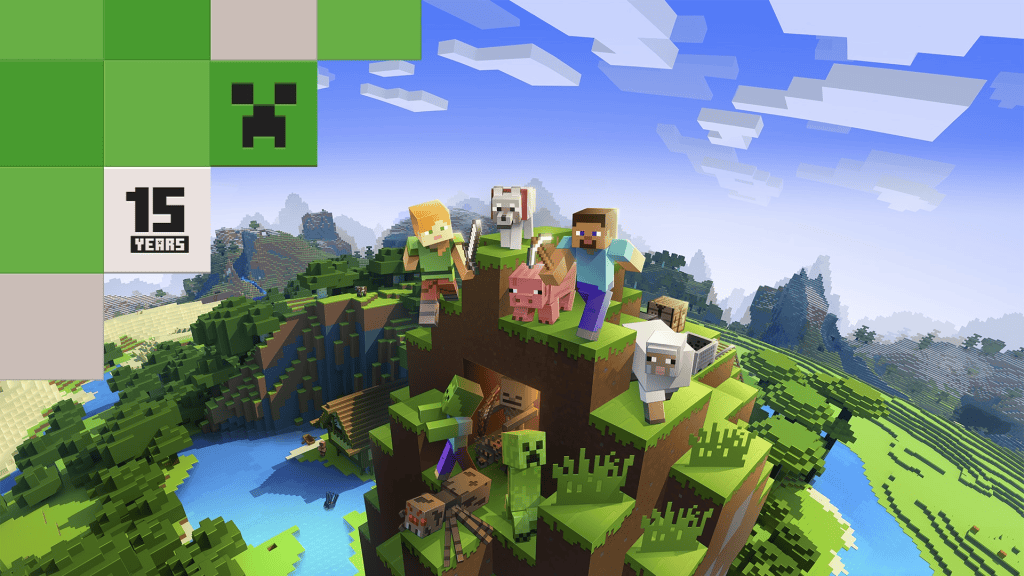 Jogadores de minecraft com personagens, animais e mundo pixelado; comemoração de 15 anos do game.