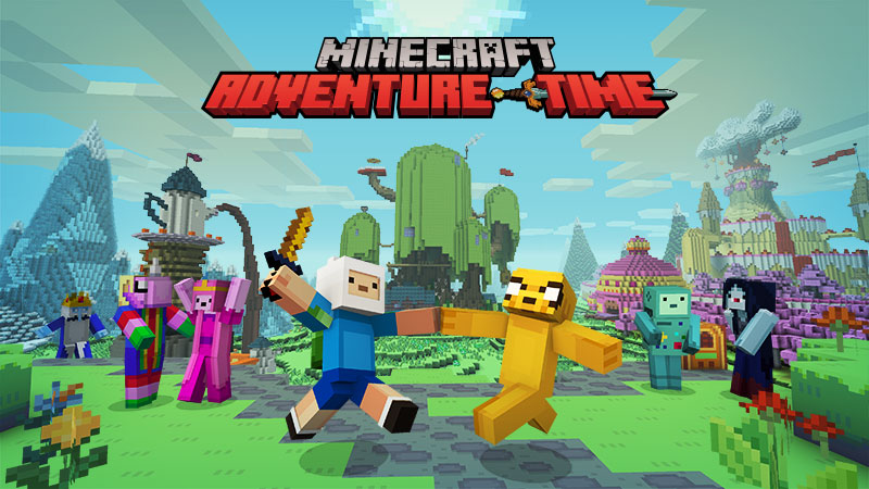 Capa do jogo minecraft adventure time com personagens em estilo pixel art e cenário colorido.
