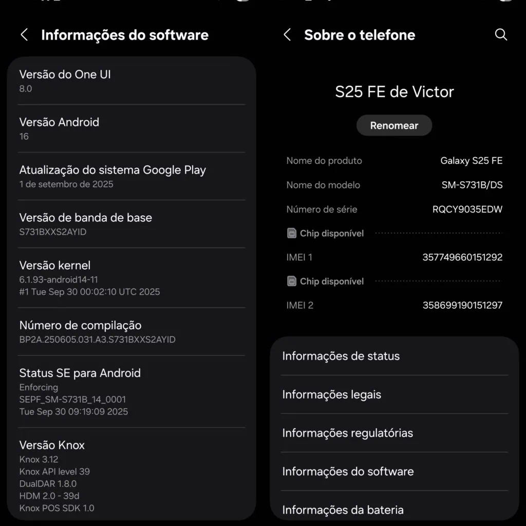 Review: galaxy s25 fe supera expectativas com ótima câmeras e bateria Dados de sistema do galaxy s25 fe