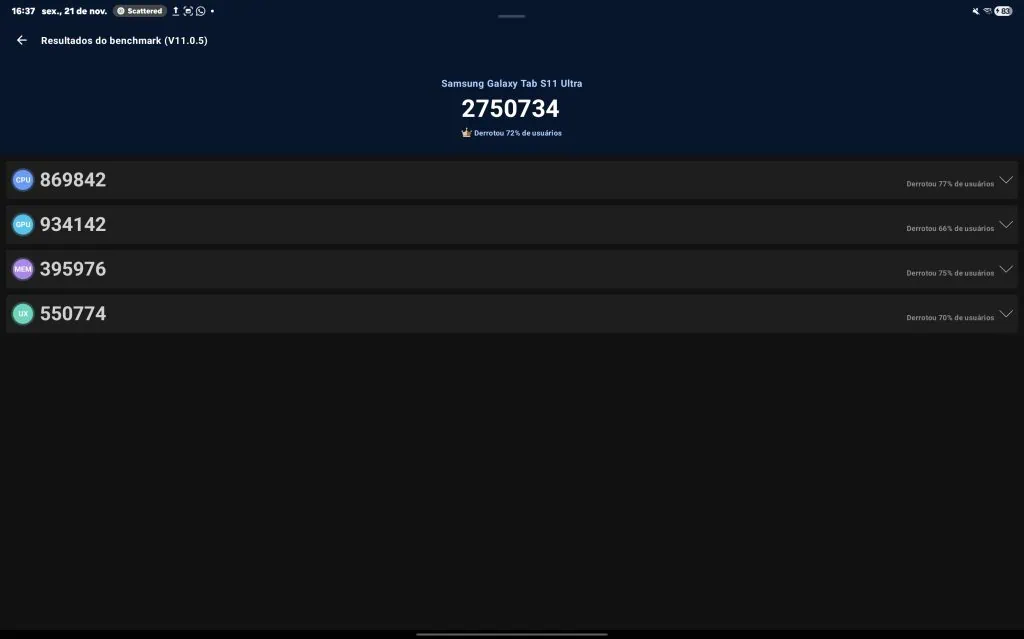 Review: galaxy tab s11 ultra pode substituir um notebook? Resultado do antutu benchmark