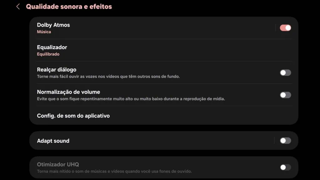 Review: galaxy tab s11 ultra pode substituir um notebook? Página de configuração sonora do galaxy tab s11 ultra