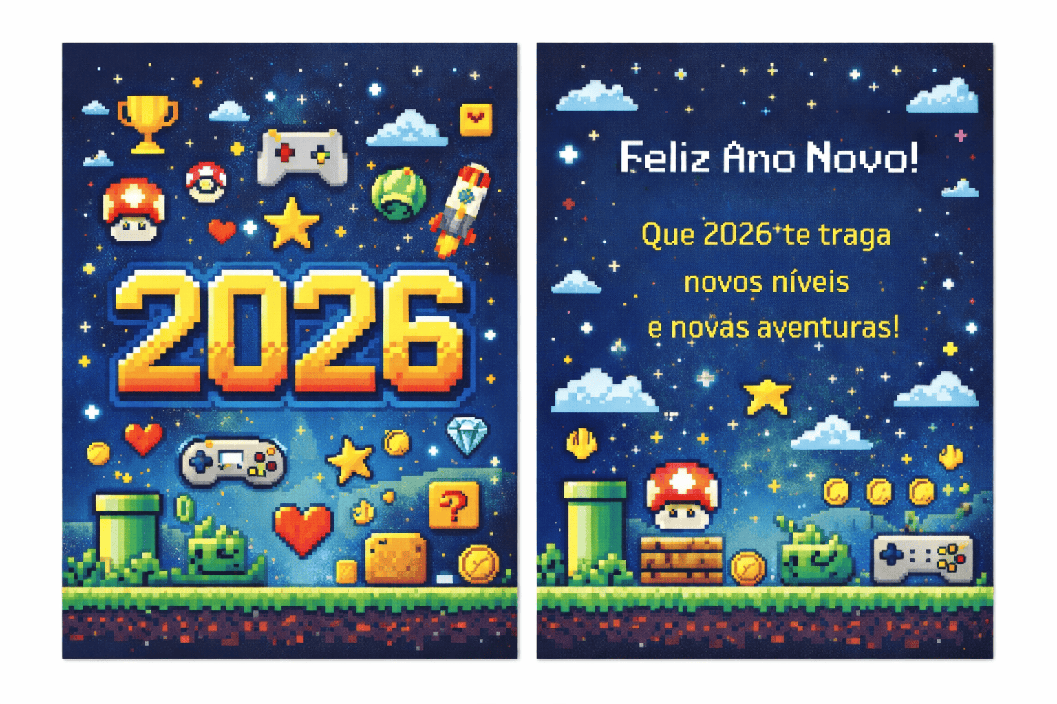 Pier de pixel art com tema de videogame e ano novo, com elementos de jogos, estrelas e mensagem de boas-vindas 2026.