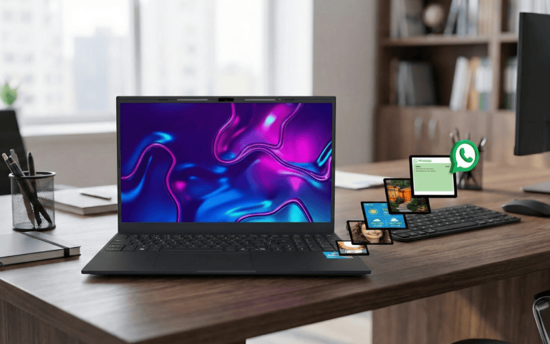 Tela de notebook com várias telas de smartphones e aplicativos de mensagens, ambiente de escritório moderno.