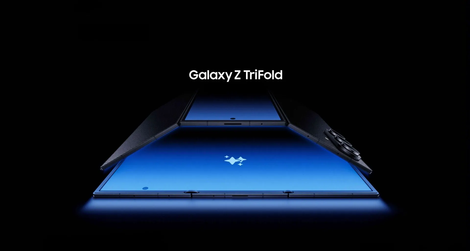 Sammenleggbar telefonskjerm fra Galaxy Z Trifold i svart og blått.