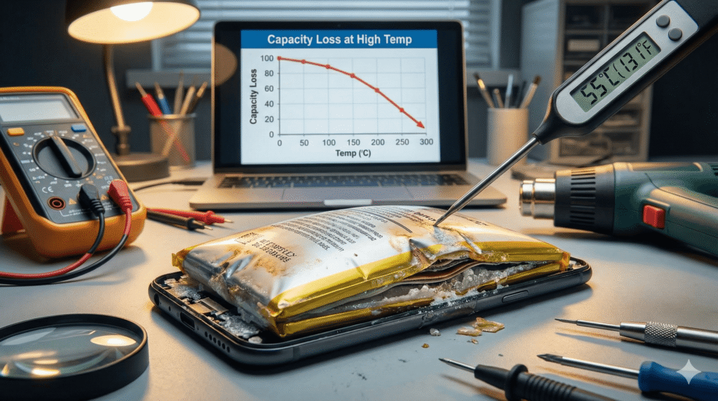 Hvordan beskytte elektronikk mot varme? Se tips og svar. Bilde av et smarttelefonbatteri som er hovent opp på grunn av varme.