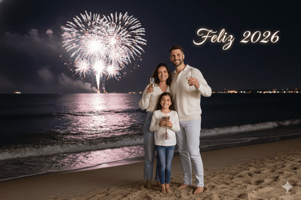 Família comemorando ano novo na praia com fogos de artifício ao fundo, celebrando 2026 e a chegada do novo ano.