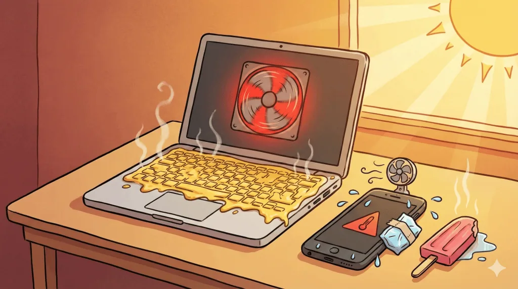 Como proteger eletrônicos no calor? Veja dicas e respostas Representação animada de aparelhos eletrônicos quentes por conta das altas temperaturas