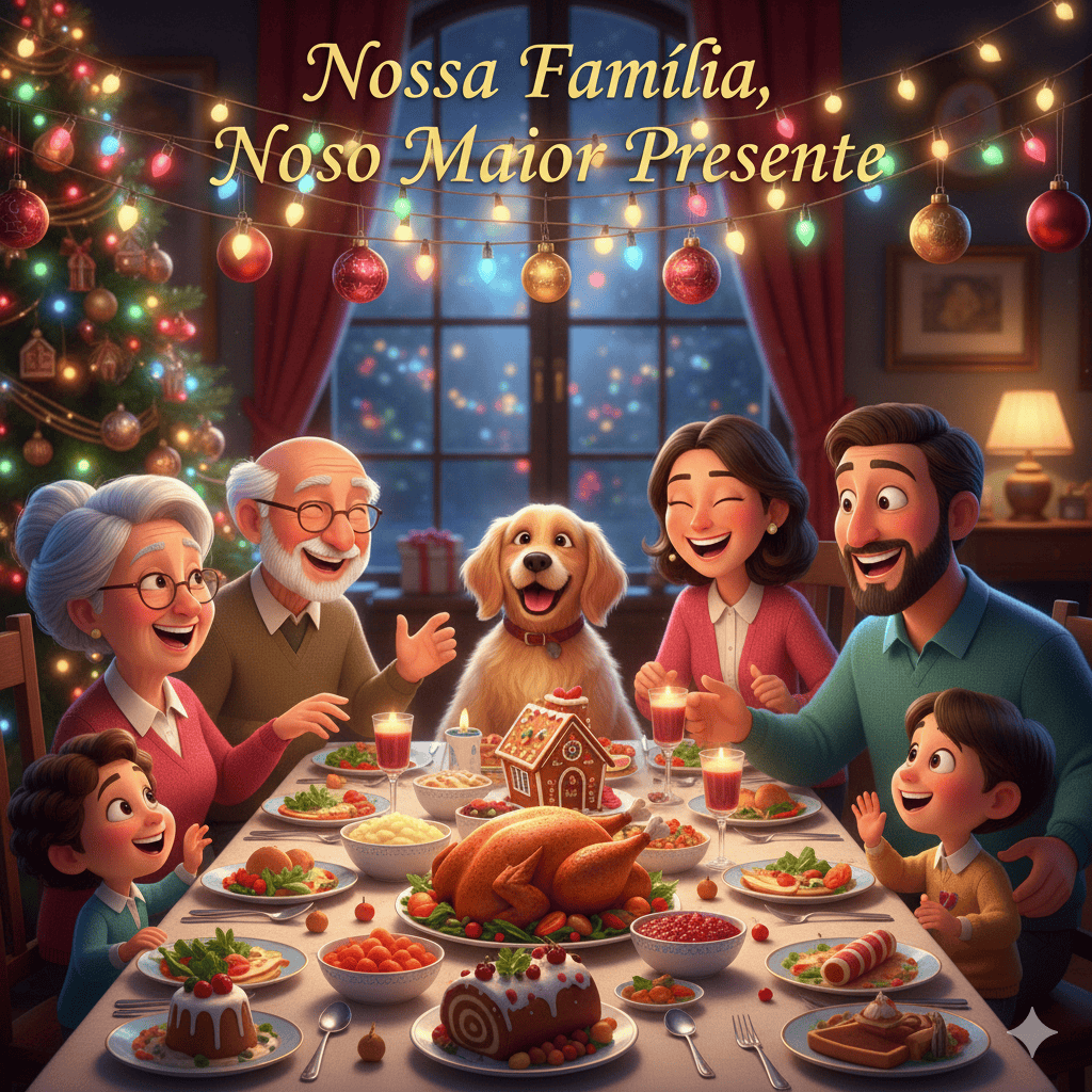 Família comemorando natal com comida e decoração festiva, cenário aconchegante e alegria em celebração natalina.