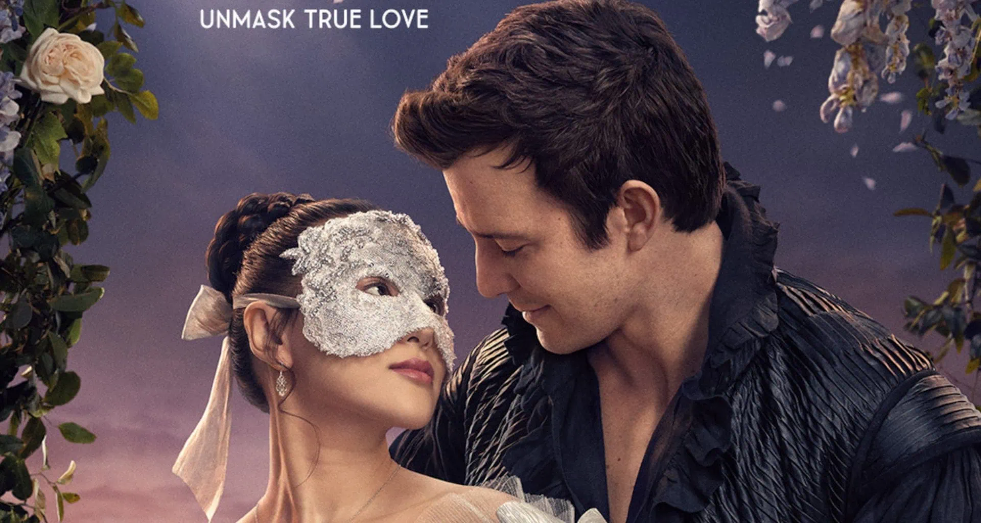 Romantic love, masks and garden, fantasy romance, showmetech movie scene, romantic scene with a couple in love, love movie, classic garden setting.