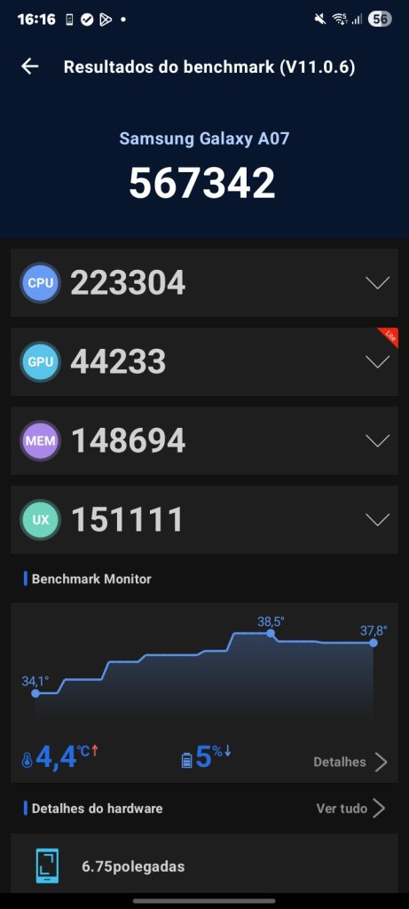 Resultados do antutu benchmark para o galaxy a07