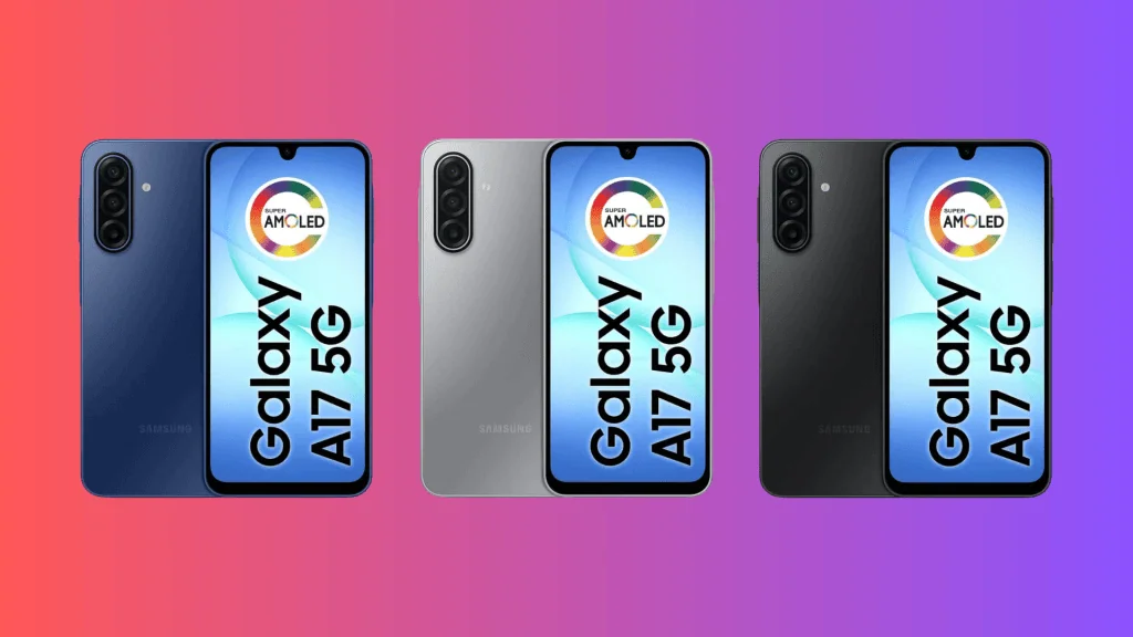 Comparativo: galaxy a07 vs. Galaxy a17 5g Galaxy a17 5g nas suas três cores disponíveis
