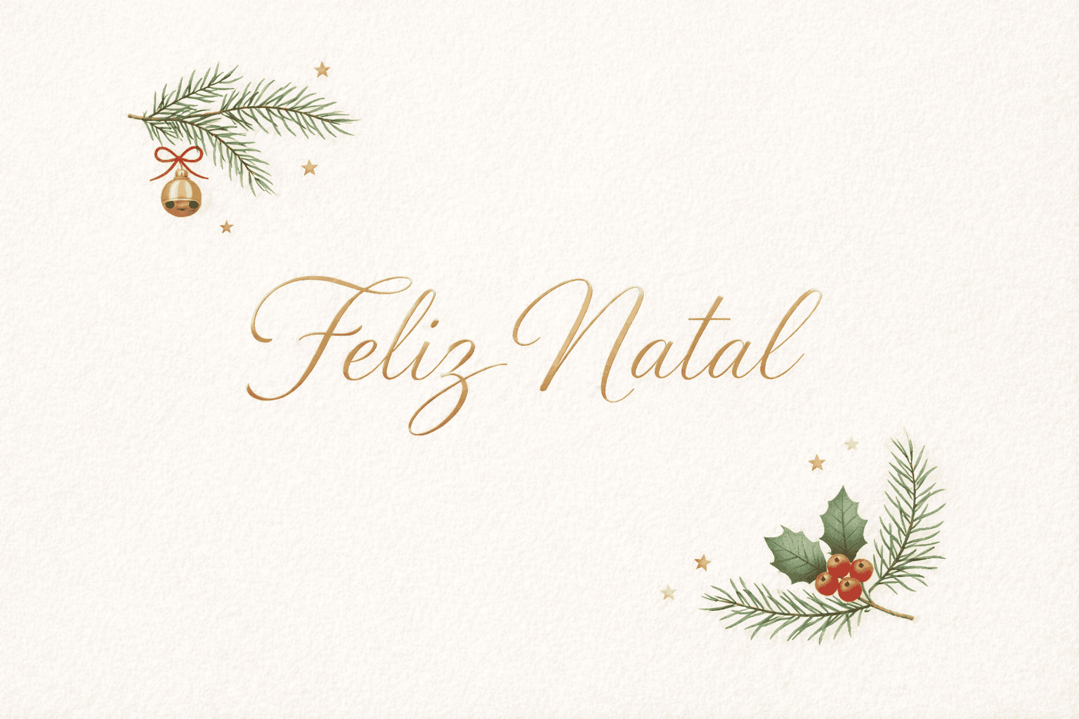 Árvore de natal decorada com folhas de pinheiro e bolas douradas, mensagem de feliz natal no centro.