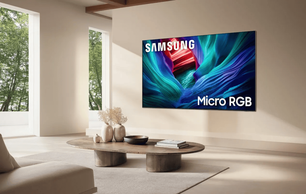 Tela smart samsung com tecnologia micro rgb para home theater moderno e de alta definição.
