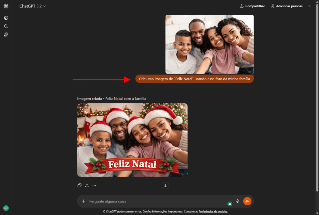 Exemplo de cartão de natal com foto da família, criado no chatgpt