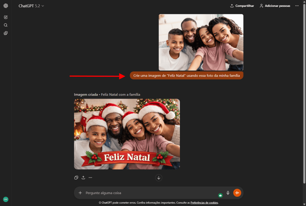 Como criar cartão de natal, ano novo e datas especiais com ai Exemplo de cartão de natal com foto da família, criado no chatgpt