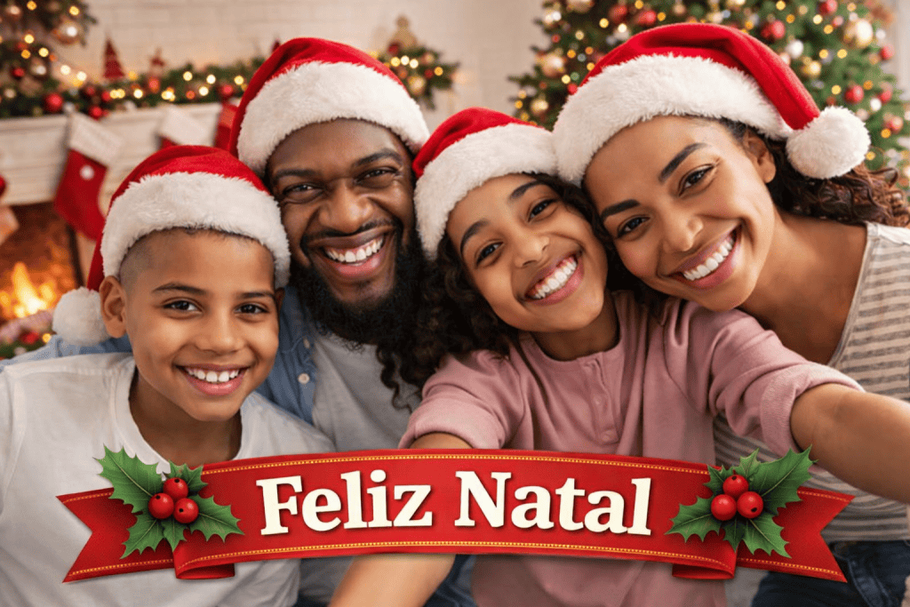 Mensagem de feliz natal, usando uma foto real da família, criada com o chatgpt