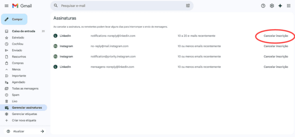 Assinaturas de newsletters de tecnologia e gadgets no gmail, opções para cancelar assinatura rapidamente.