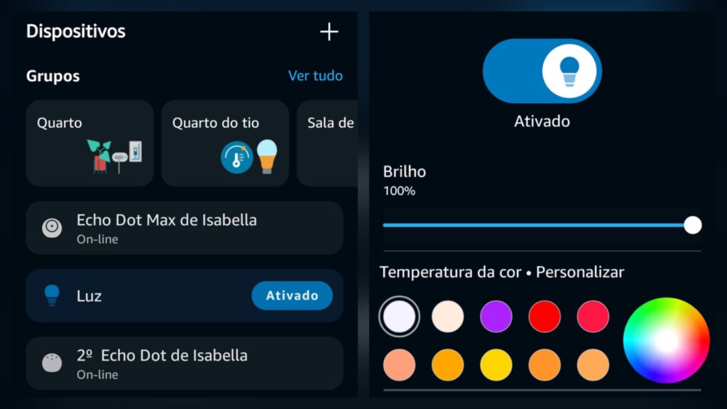 Tela de "lâmpadas" no app da alexa