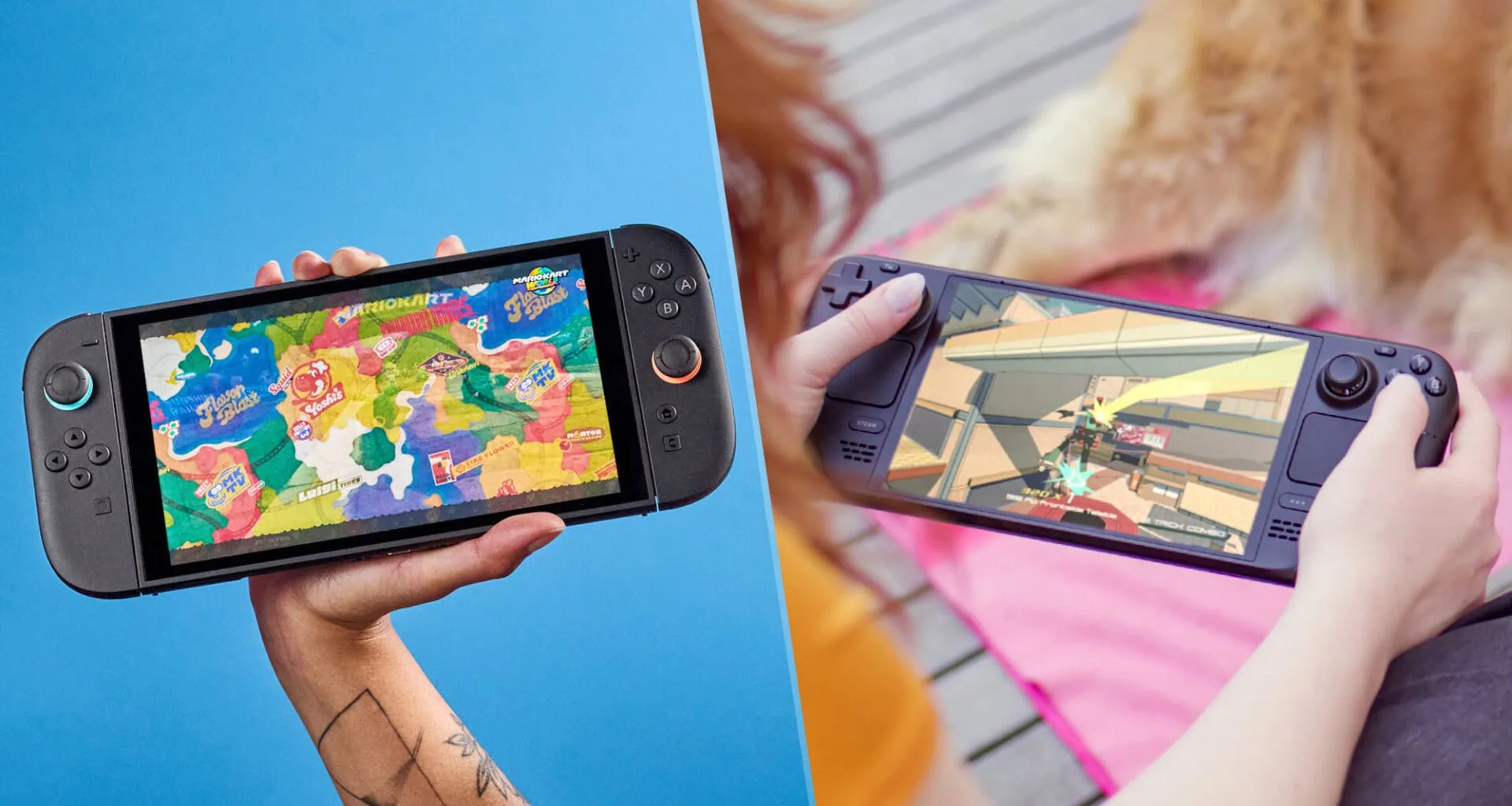 Duas pessoas jogando com consoles portáteis de pc e videogame ao ar livre.
