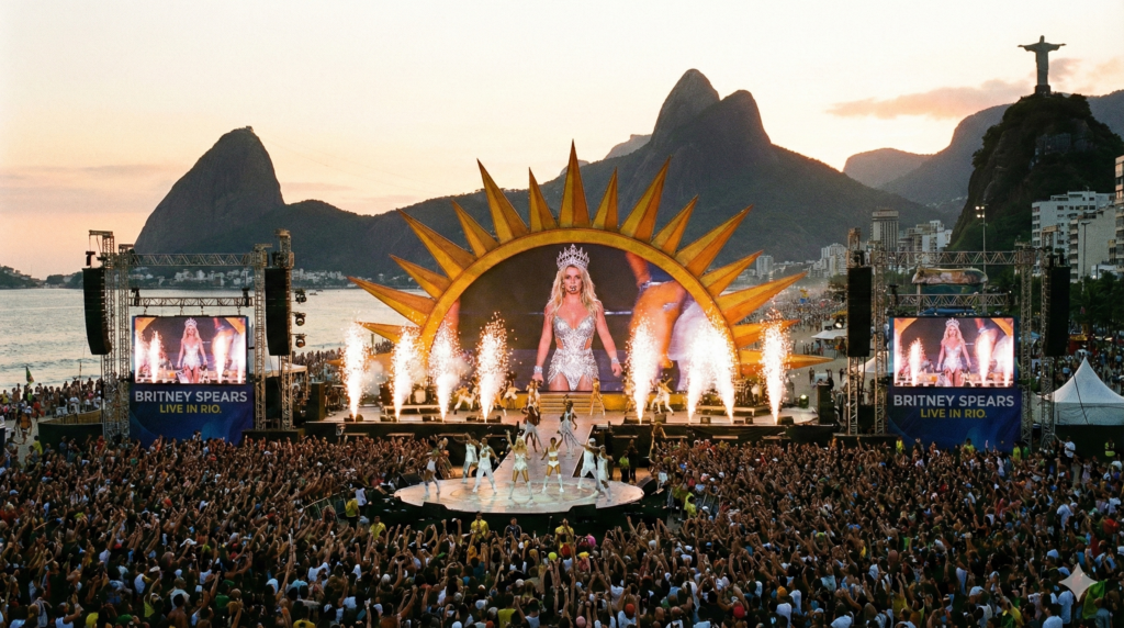 Todo mundo no rio 2026: britney spears deve ser atração do show em copacabana Imagem gerada via inteligência artificial imaginando britney spears no todo mundo no rio 2026