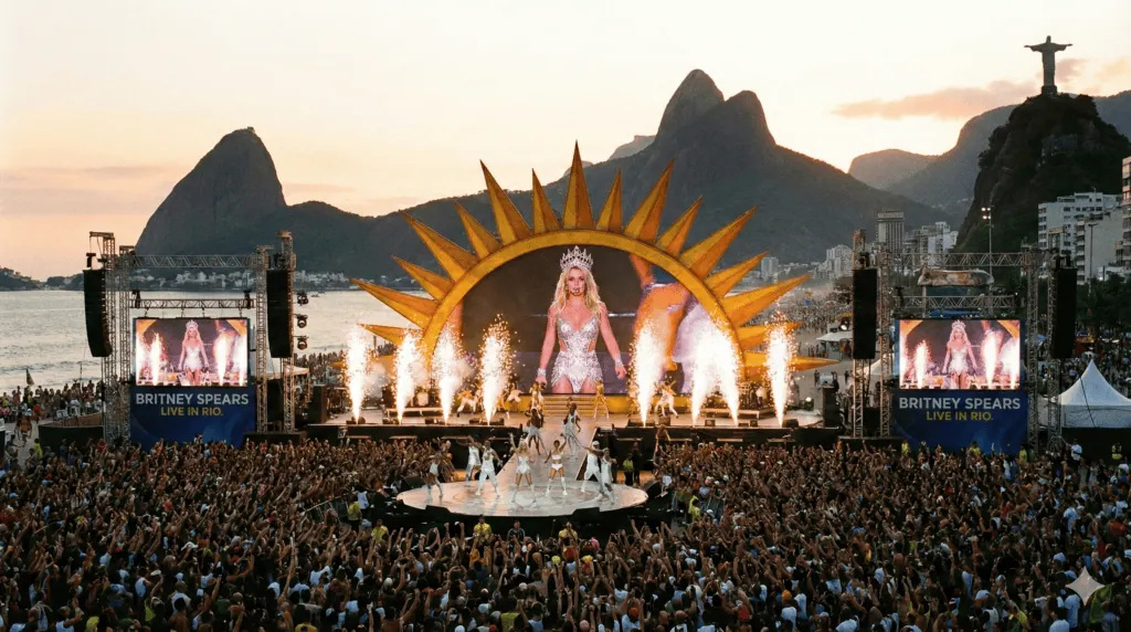 Tout le monde à Rio 2026 : Britney Spears devrait être la tête d’affiche du concert de Copacabana. Image générée par intelligence artificielle imaginant Britney Spears au festival Everybody in Rio 2026.
