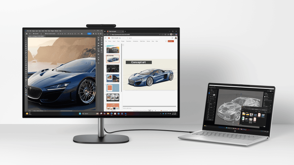 Ces 2026: hp lança novos notebooks, desktops, monitores e outros produtos na feira Hp omnistudio x 27 conectado a um notebook