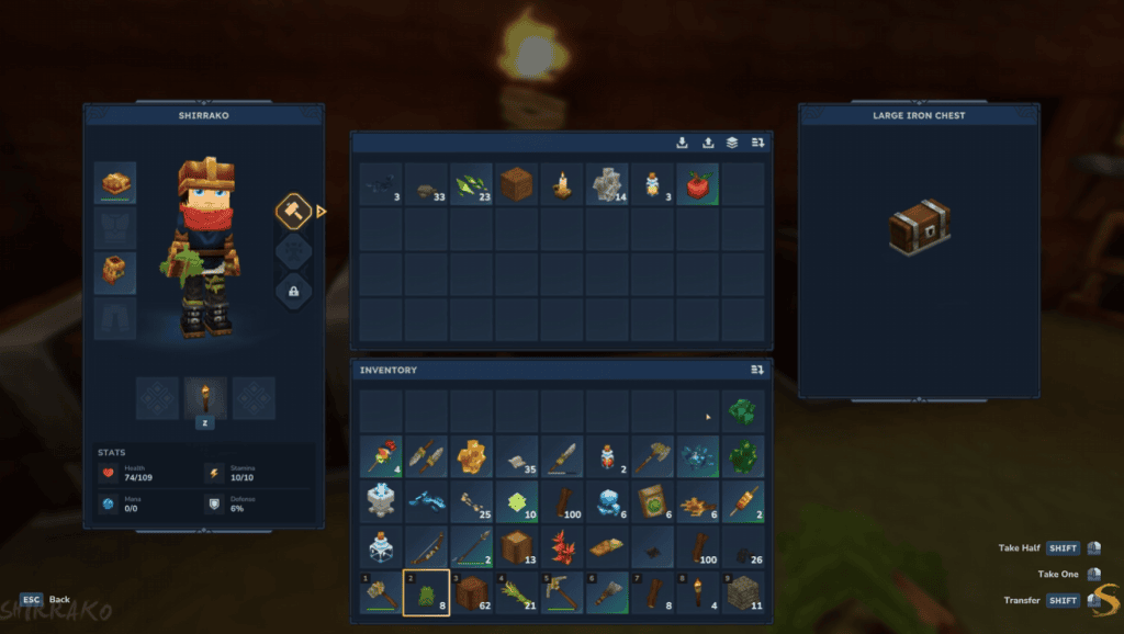 1. Interface do jogo de sobrevivência com inventário e baú de ferro gigante.