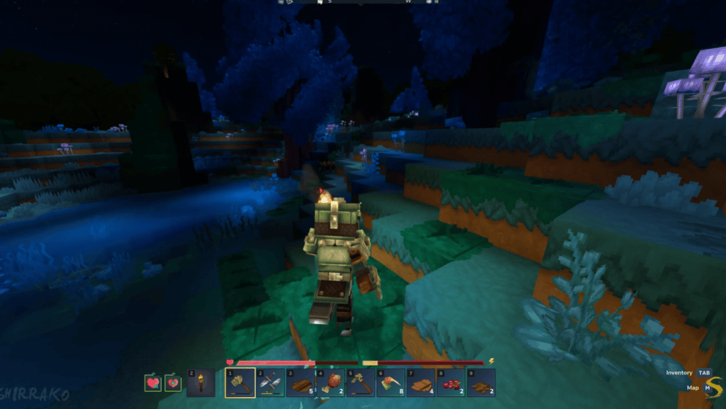 Savannah night in minecraft with glowing trees and player exploring, showcasing gameplay and graphics.