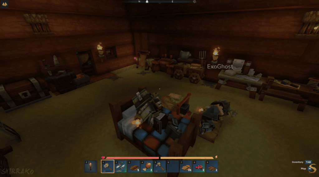 Casa de blocos com móveis e decoração rústica no estilo minecraft.