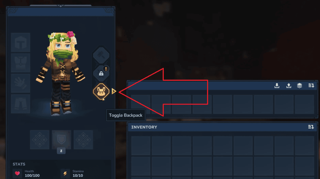 Boneco avatar com mochila no jogo, personalização e itens de inventário em destaque.