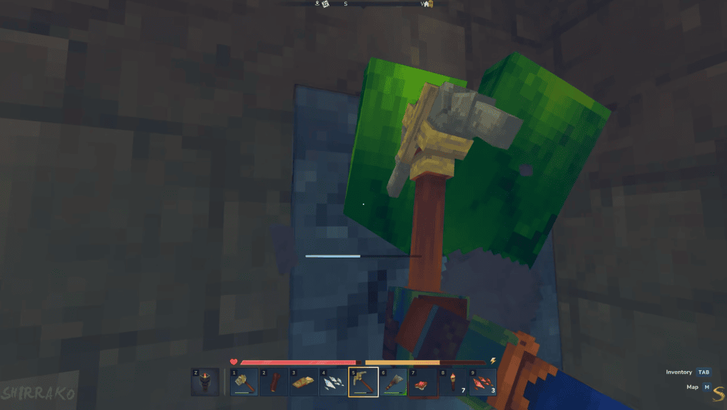 Picare em minecraft com blocos de textura pixelada, ambiente escuro e inventário visível na tela.