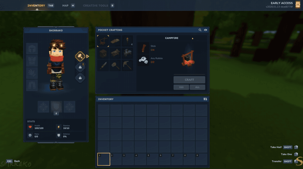 1. Interface de jogo do minecraft em versão beta early access com crafting e inventário.