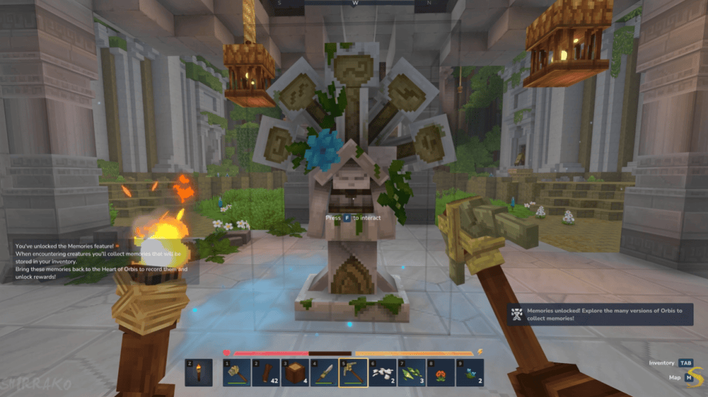 Mundo de minecraft com monumento de lembranças e elementos de jogo, explorando o universo do jogo para fãs e jogadores.