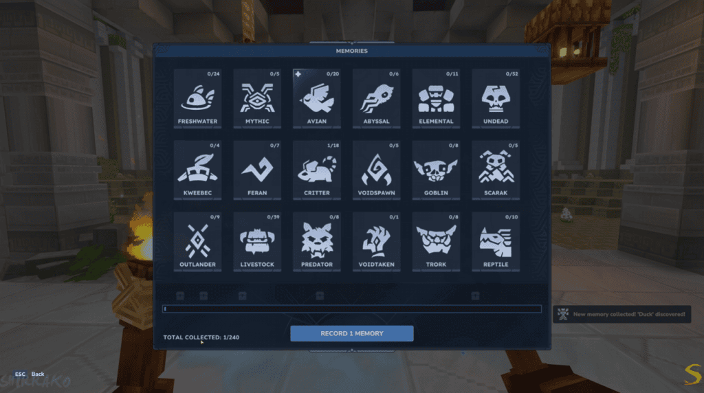Memórias do jogo mostrando diferentes espécies de criaturas como dragão, goblin e predador, com opções de gravação e coleta de novas memórias.