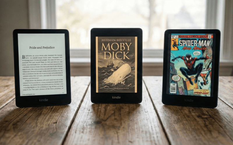 Leitura digital com kindle, livros clássicos e quadrinhos em um ambiente aconchegante.