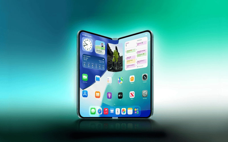 Smartphone dobrável com tela infinita, tecnologia avançada, design moderno, destaque em novidades tech.