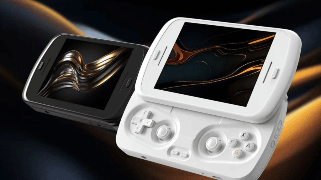 Melhores consoles portáteis de pc e videogame para comprar já Imagem de dois consoles portáteis, um preto e um branco, com telas e controles integrados, ideais pa.