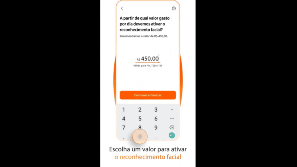 Apps de bancos: como ativar o modo de proteção por localização Tela de app bancário para ativar proteção por localização com valor de r$ 450,00.