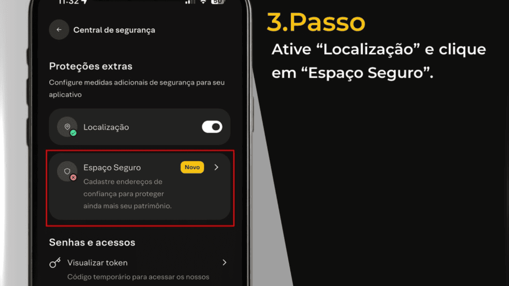 Apps de bancos: como ativar o modo de proteção por localização Tela do app bancário mostrando ativação do modo de proteção por localização.