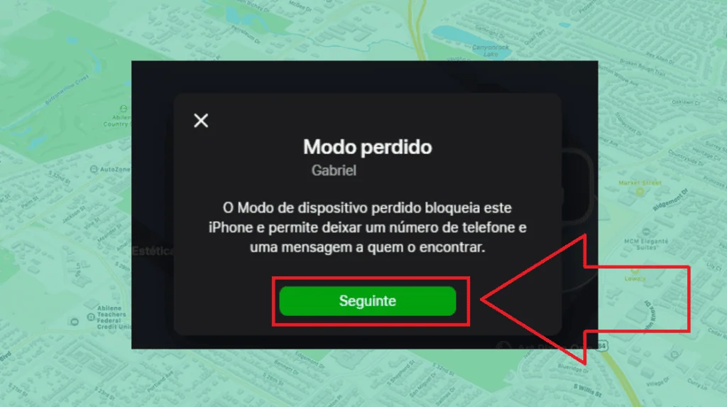 Como apagar um iphone roubado ou perdido pelo icloud Tela de modo perdido no iphone bloqueado pelo icloud com botão "seguir" destacado.