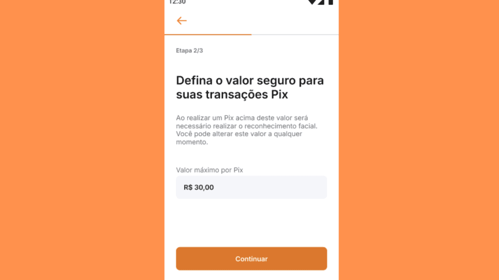 Apps de bancos: como ativar o modo de proteção por localização Imagem de tela de aplicativo bancário configurando valor seguro para transações pix.