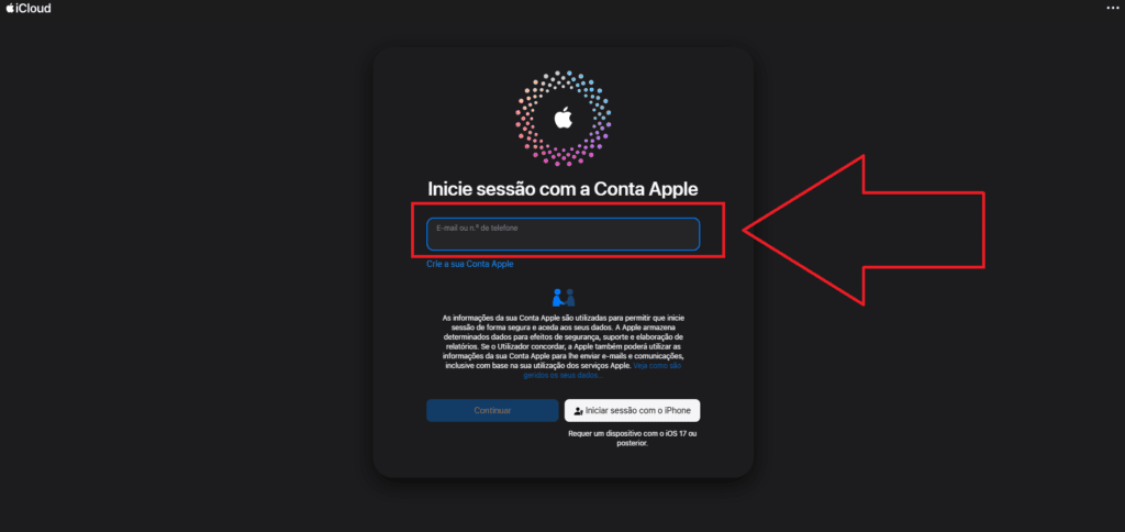 Como apagar um iphone roubado ou perdido pelo icloud Tela de login do icloud para apagar um iphone roubado ou perdido.