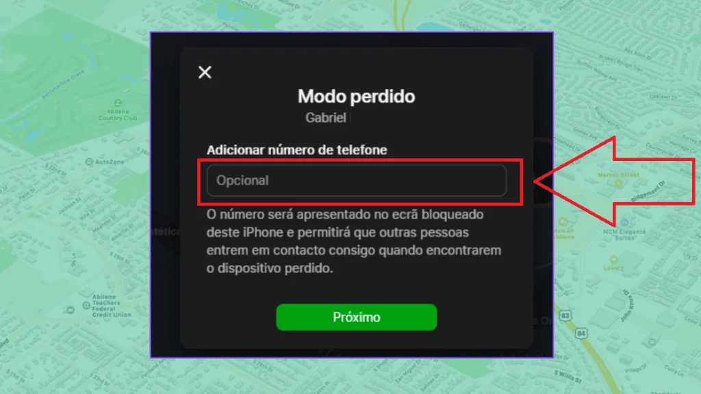Como apagar um iphone roubado ou perdido pelo icloud Tela de modo perdido no iphone com campo de telefone opcional.